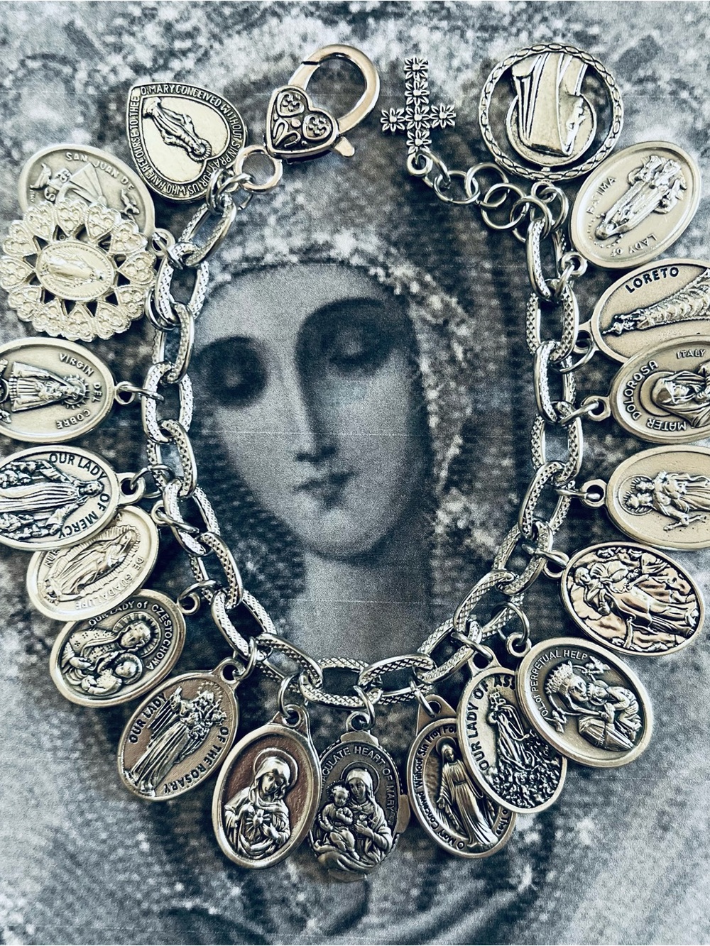 Virgin Mary Charm Bracelet: Our Lady Italian Medals Chunky Bracelet